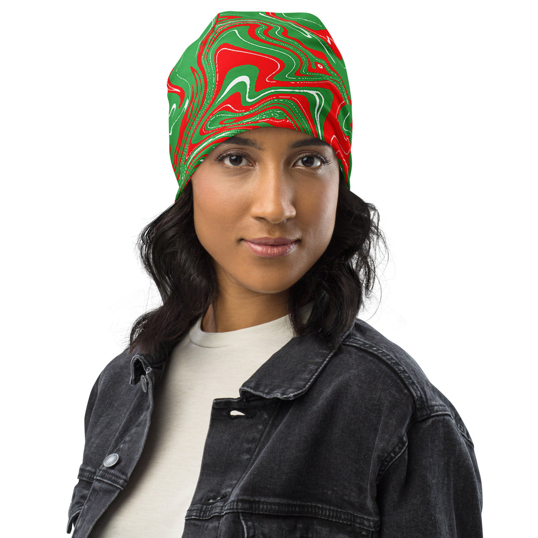 Abstract Christmas Print Beanie (Red/White/Green)