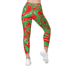 Load image into Gallery viewer, Abstract Christmas Print Crossover Leggings With Pockets (Red/White/Green)
