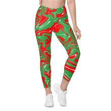 Load image into Gallery viewer, Abstract Christmas Print Crossover Leggings With Pockets (Red/White/Green)
