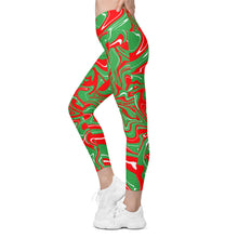 Load image into Gallery viewer, Abstract Christmas Print Crossover Leggings With Pockets (Red/White/Green)
