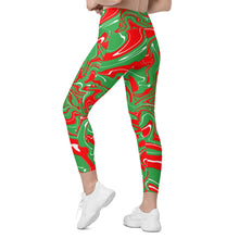 Load image into Gallery viewer, Abstract Christmas Print Crossover Leggings With Pockets (Red/White/Green)
