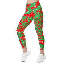 Load image into Gallery viewer, Abstract Christmas Print Crossover Leggings With Pockets (Red/White/Green)
