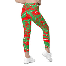 Load image into Gallery viewer, Abstract Christmas Print Crossover Leggings With Pockets (Red/White/Green)
