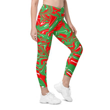 Load image into Gallery viewer, Abstract Christmas Print Crossover Leggings With Pockets (Red/White/Green)
