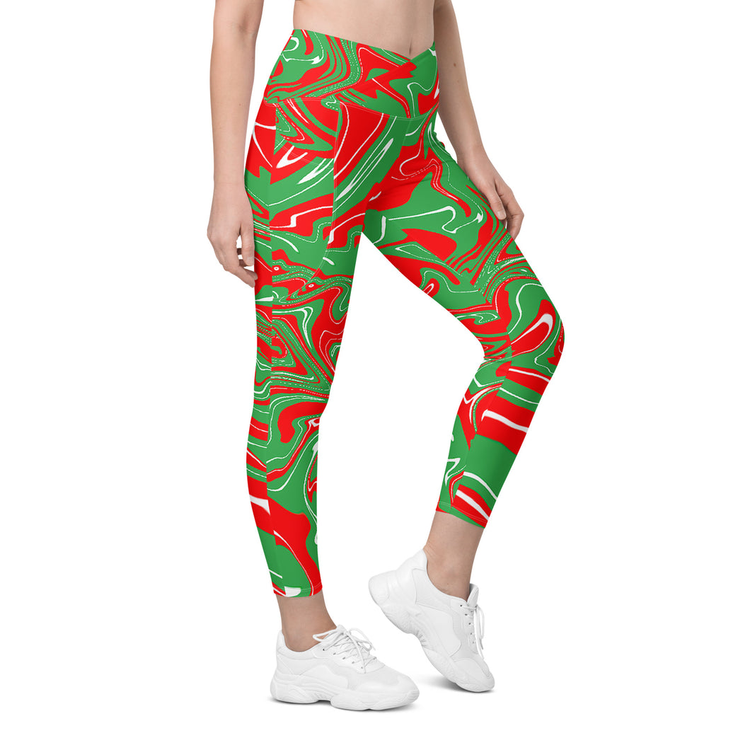 Abstract Christmas Print Crossover Leggings With Pockets (Red/White/Green)