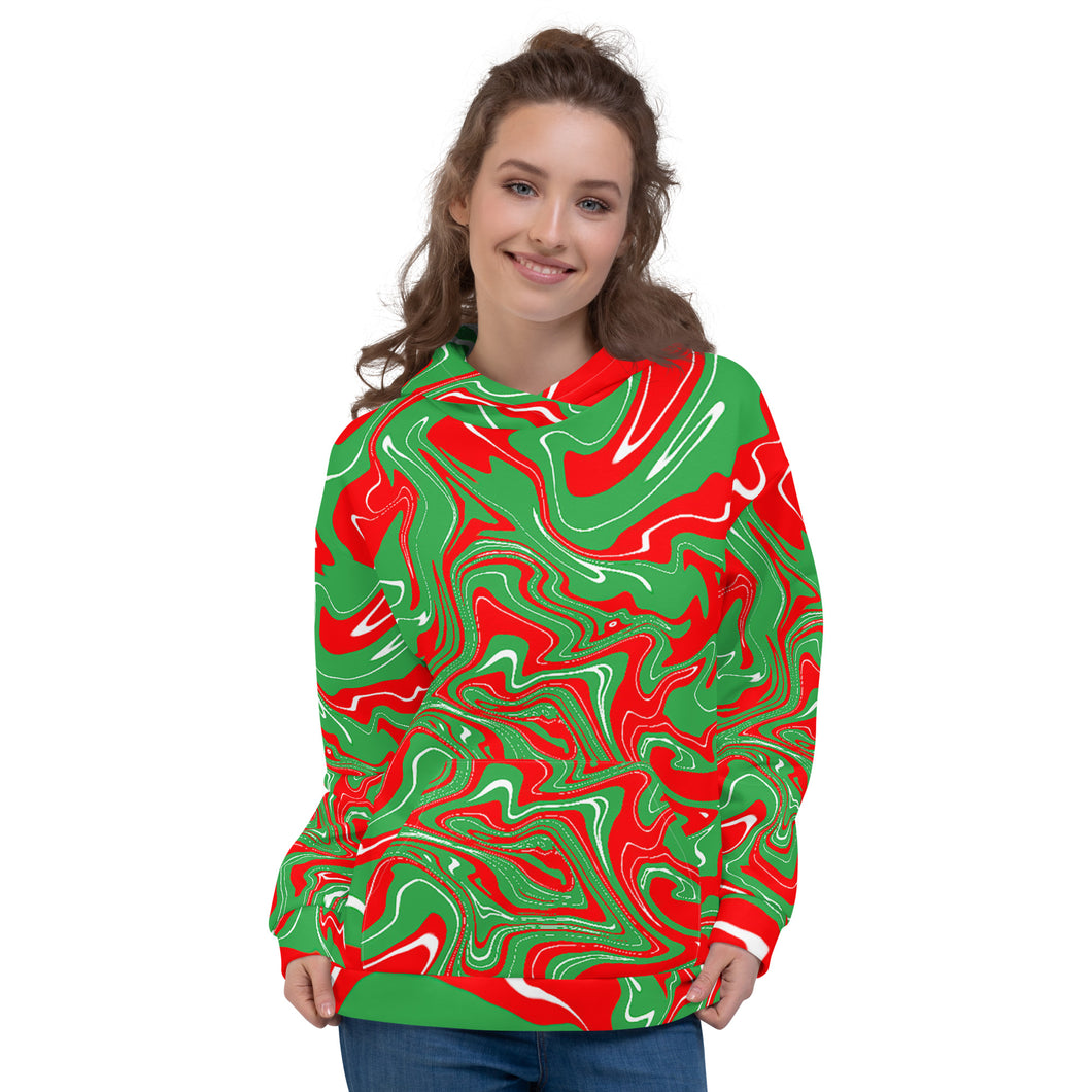 Abstract Christmas Print Unisex Hoodie (Red/White/Green)