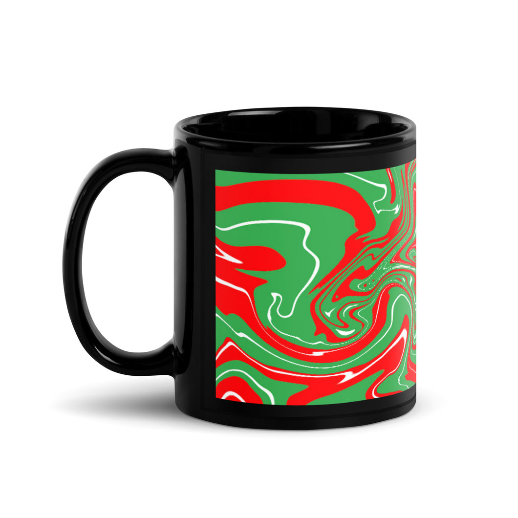 Abstract Christmas Print Black Glossy Mug (Red/White/Green)